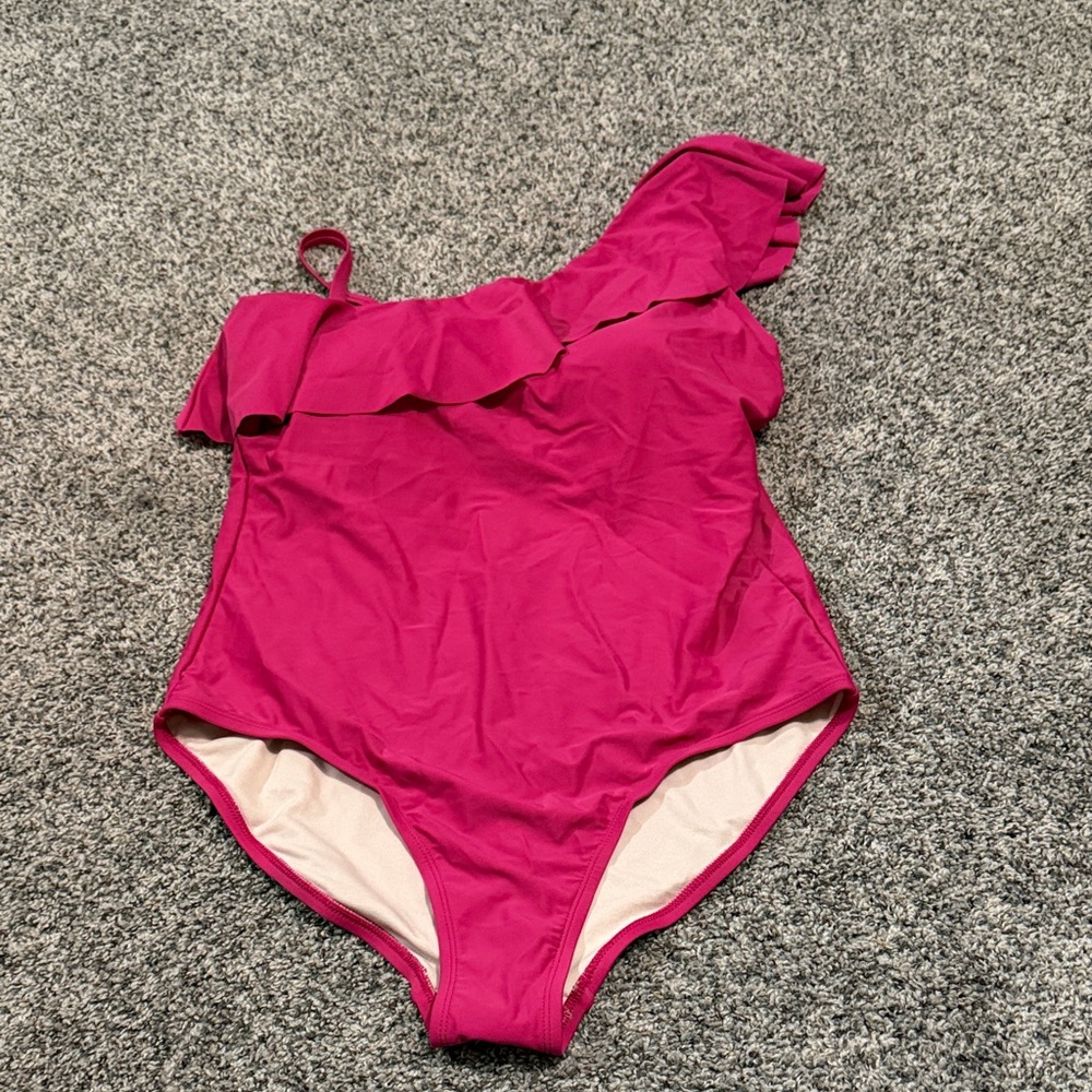 NWOT Kona Sol Women's One-Shoulder Ruffle Swimsuit - Fuchsia Size 16